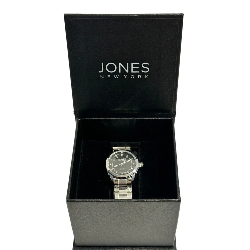 Jones New York JNYW2419L Women's Silver Tone Quartz Watch Black Dial NWT Box